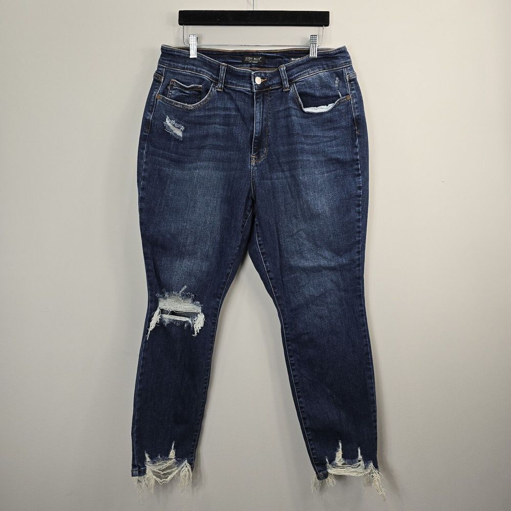 Judy Blue Women's Jeans Size 18 Blue Dark Wash Relaxed Fit Distressed Raw Hems